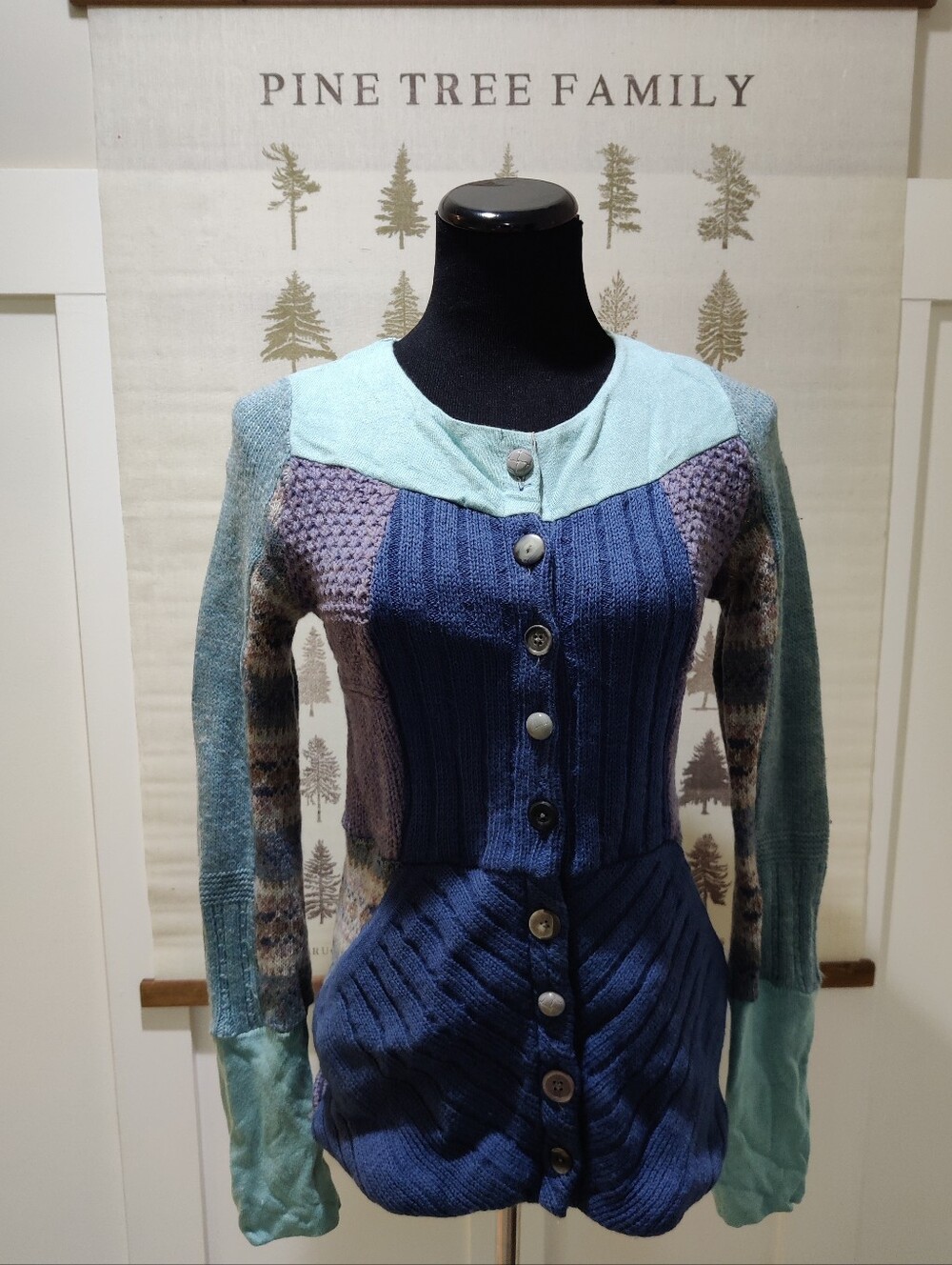 Paper People Patchwork Mixed Knit Button Front Cardigan Sweater Size S